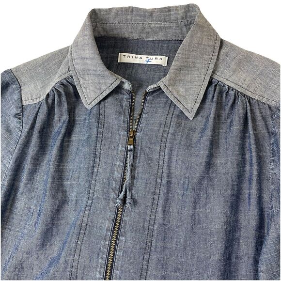 Trina Turk Darya Long Sleeve Chambray Dress Linen Blend-M - Picture 7 of 16